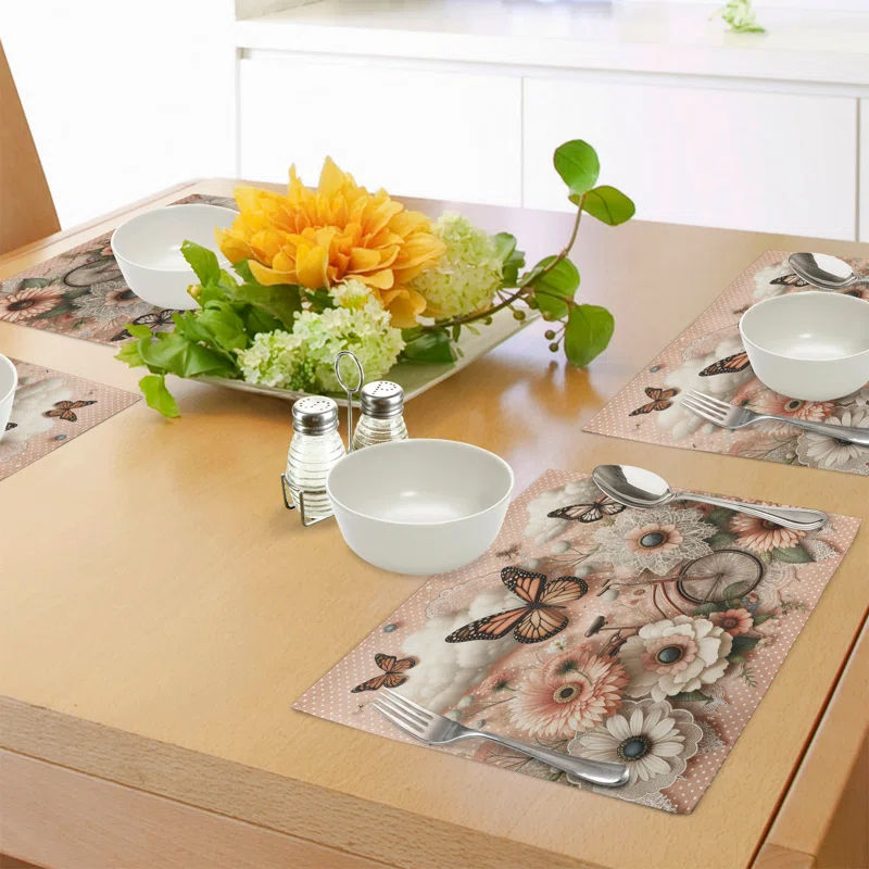 Ambesonne Polyester Peach Peacock Green Rectangle Placemat (Set of 4)