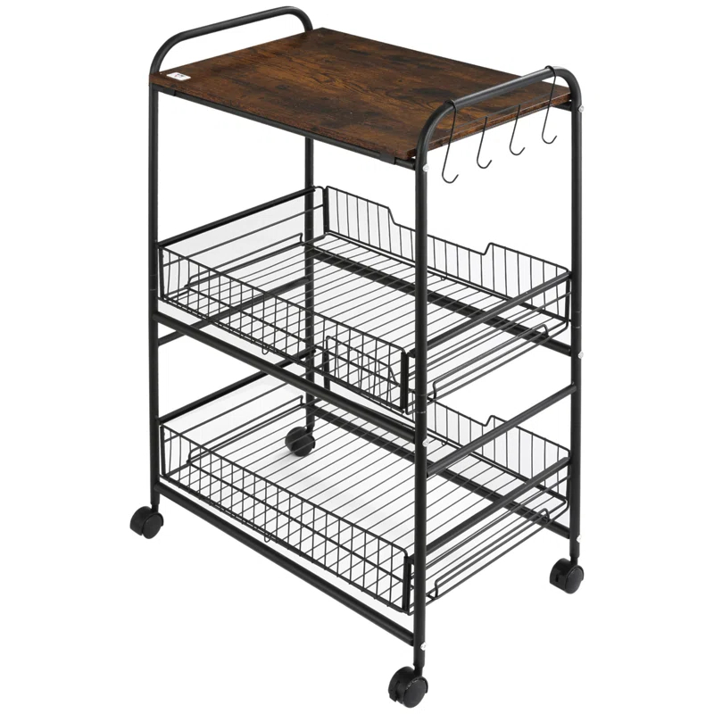 17 Stories 3 Tier Rolling Kitchen Cart With Storage, Kitchen Island Cart On Wheels With 2 Sliding Fruit Basket, Microwave Cart With Side Hooks For Dining Room