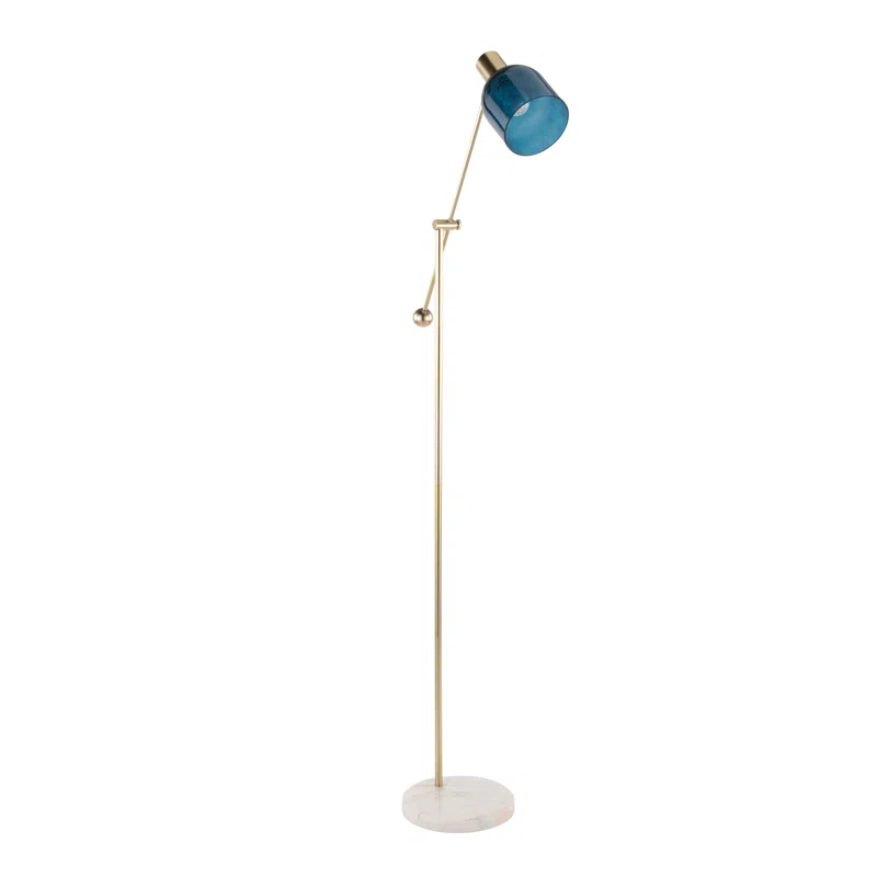 Everly Quinn Marcel Contemporary Floor Lamp In White Marble, Gold Metal And Blue Glass
