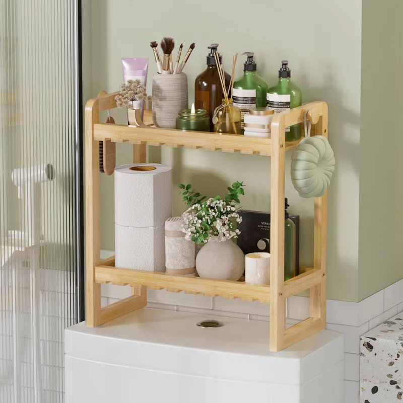 Ebern Designs Bamboo 2 In 1 Dual Stable Bathroom Over Toilet 2 Tier Storage Rack, Natural