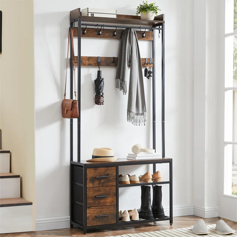 Hall Tree, 5-in-1 Coat Rack with Bench and Shoe Storage