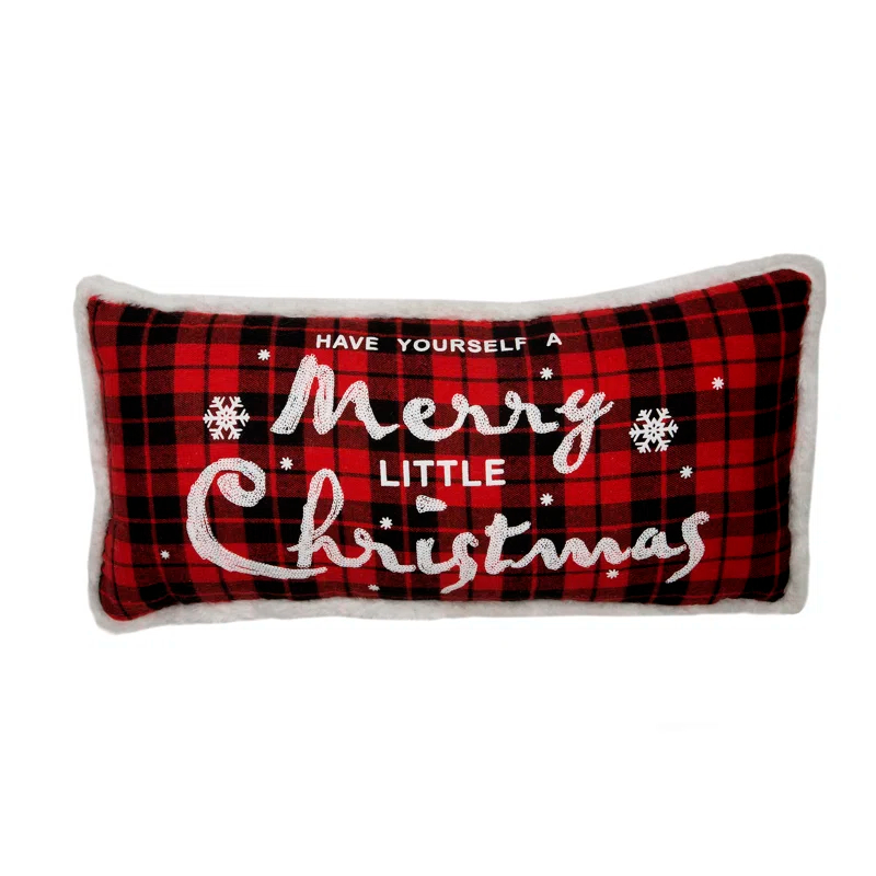 Manor Luxe Merry Christmas With Faux Fur Trim Christmas Buffalo Check Pillow, 10 By 20-Inch
