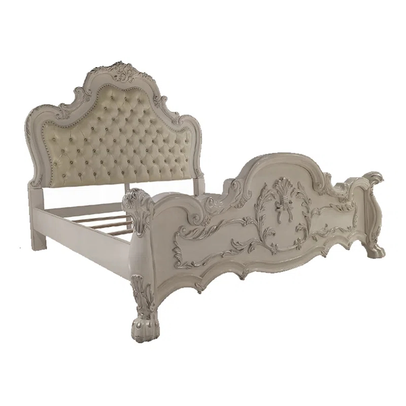 Benjara Ally Bed, Classical White Faux Leather Victorian Carved Wood