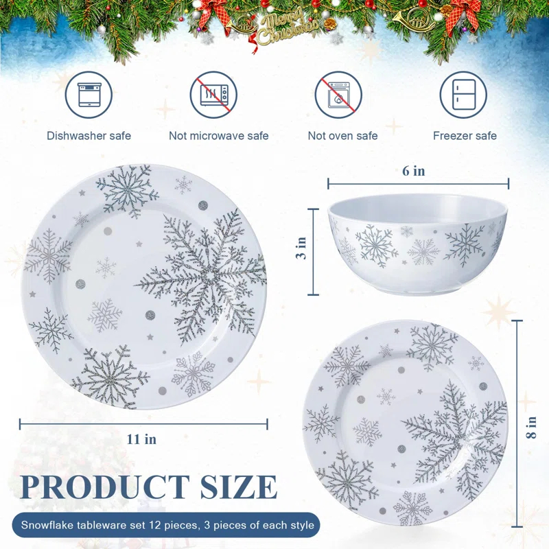 The Holiday Aisle® 12 Pcs Christmas Snowflake Melamine Dinnerware Set Plates And Bowls Set Include  Dinner Plates Plates Soup Bowl,Service For 4 For Christmas Winter Party Supplies