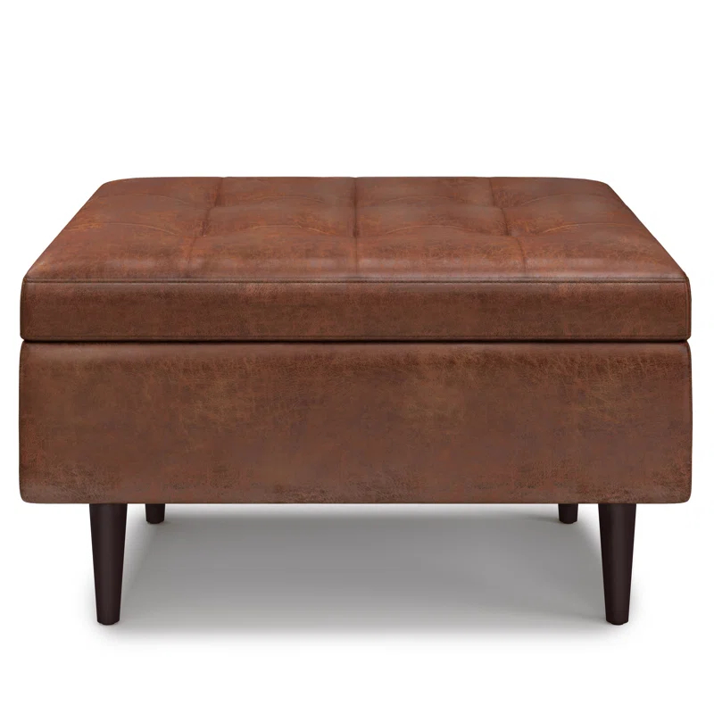 Simpli Home Shay 34"W Upholstered Coffee Table Storage Ottoman with Lift Top and Tufted Detailing