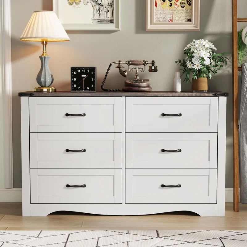 Coulten 6 Drawer 46.4" W Farmhouse 6 Drawers Double Dresser for Bedroom, Modern White Dresser Chest of Drawers, Wide Dressers Organizer, Accent Storage Cabinet for Closet, Living Room, Hallway