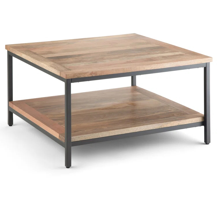 Simpli Home Skyler 34"W Solid Mango Wood Industrial Square Coffee Table with Open Shelf and Metal Frame