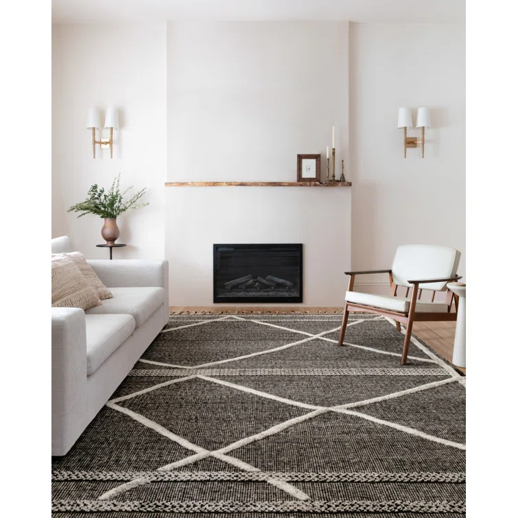 Hand-Knotted Black and Beige Wool Geometric Area Rug Sample