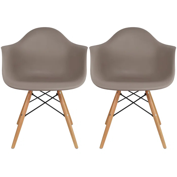 George Oliver Set of 2 Modern Dining Side Chairs from Molded Plastic Armchair Shell with Natural Wooden Legs, Maroon (Set of 2)
