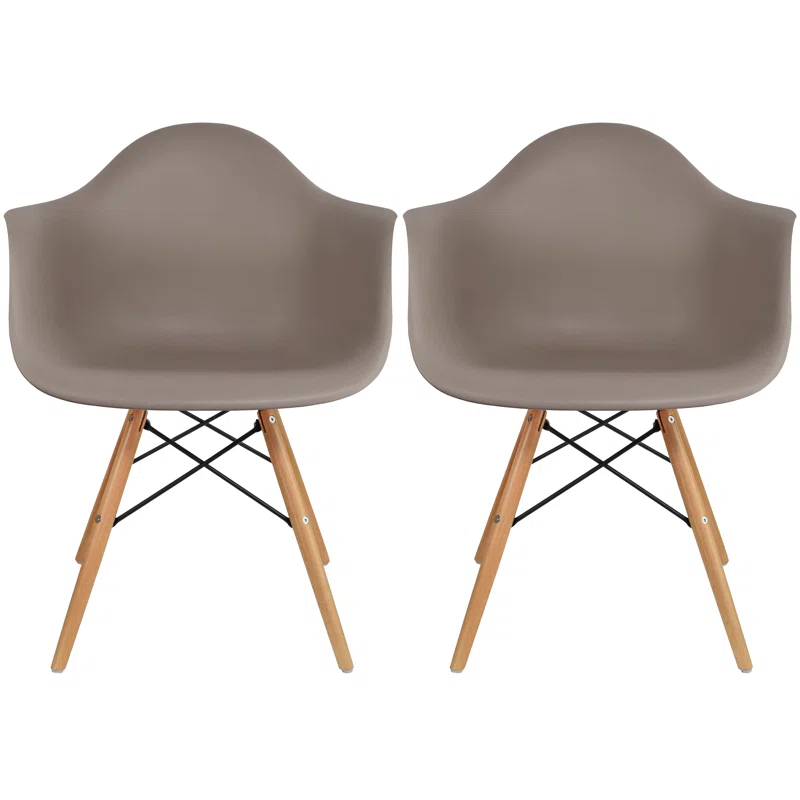 George Oliver Set of 2 Modern Dining Side Chairs from Molded Plastic Armchair Shell with Natural Wooden Legs, Maroon (Set of 2)