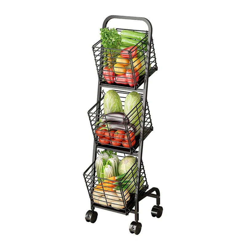 OUMIKEJI 3-Tier Fruit Basket Stand For Kitchen, Wire Market Basket Food Storage Stand With Wheels, Vegetable Produce Pantry Basket Organizer