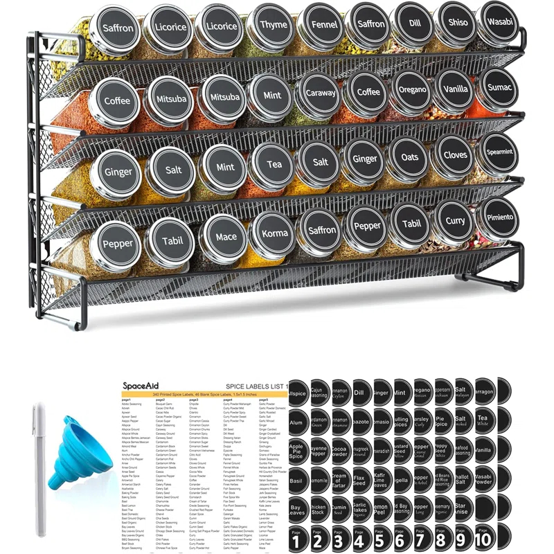 Mint Pantry® Spice Rack Organizer with 36 Spice Jars, 386 Spice Labels, Chalk Marker and Funnel Set for Cabinet, Countertop, Pantry, Cupboard or Door & Wall Mount - 36 Jars, 17.2" W × 10.8" H, Black | Wayfair