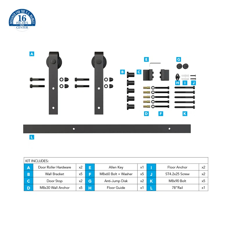 Steel Sliding Rolling Barn Door Hardware Kit for Single Wood Doors with Routed Floor Guide