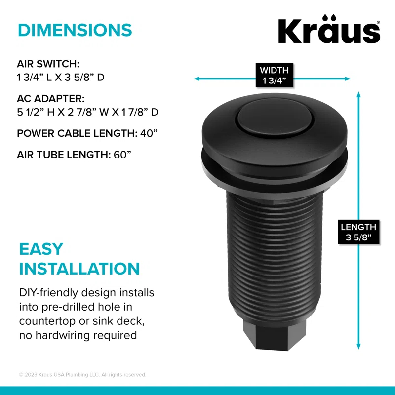 KRAUS Garbage Disposal Air Switch Kit with Push Button, AC Adapter, Power Cord, and Air Tube Included