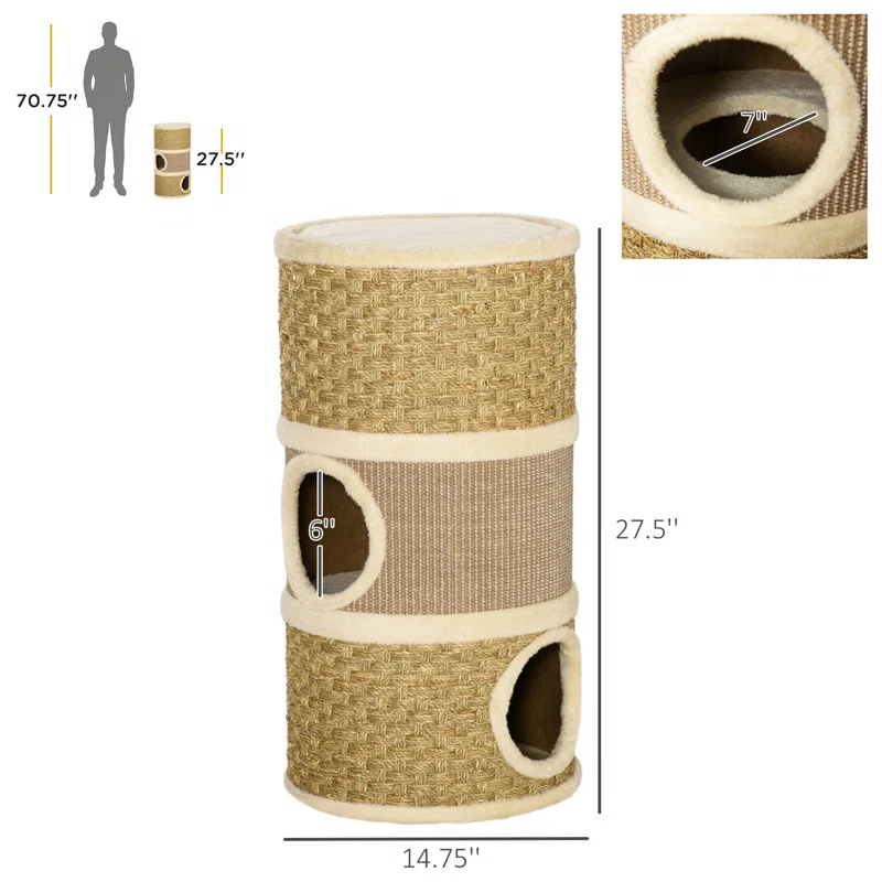 George Oliver 28 Inch Cat Condo, 3 Story Cat Hideaway with Sisal Scratching Pad, Barrel Shaped Small Cat Tree