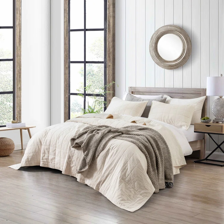 MeadowPark  Box Stitch Stone Washed Linen Blend Quilt & Pillow Shams Set & Reviews | Wayfair