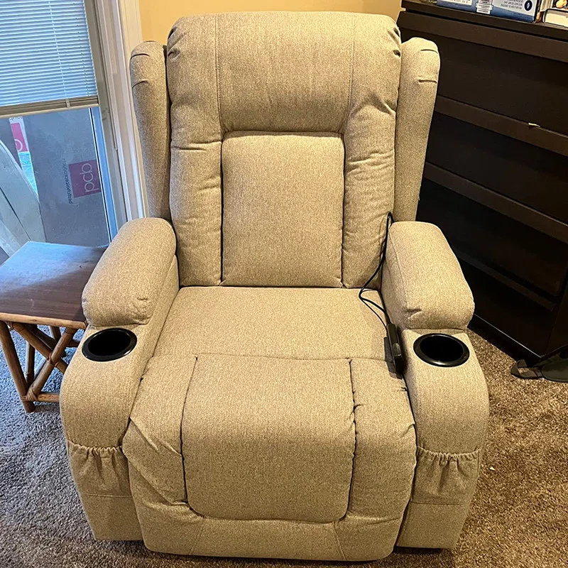 Hokku Designs Modern Linen Electric Power Lift Chair, Recliner Massage Chair, Adjustable Furniture for Back, USB Port, Heat, Cupholders