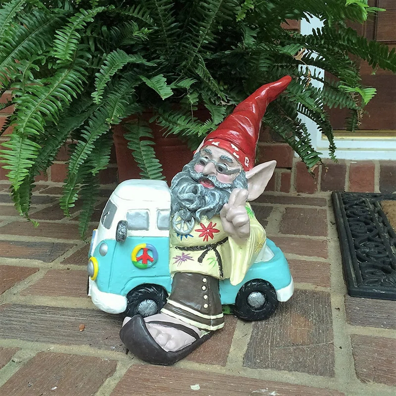 HomeStyles Nowaday Gnome Hippie Jerry "Peace Man" on VW Bus Garden Statue