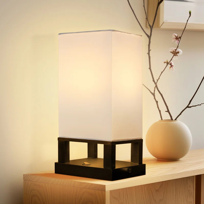 Brightech Maxwell 14 in. Mid-Century Modern LED Bedside Table Lamp with Fabric Square Shade