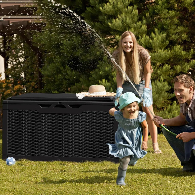 GEMBIK 100 Gallon Resin Deck Box, Large Outdoor Storage Bench with Cushions, Black