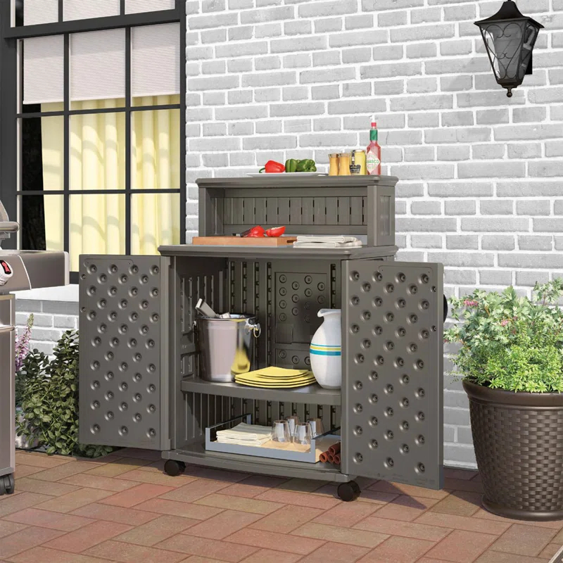 Suncast Patio Plastic Storage and Prep Station with Wicker Pattern, Stoney Gray