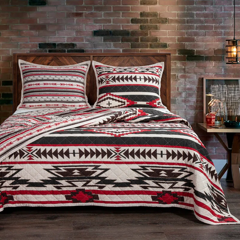 Cortez White Red Gray Brown Cotton Geometric Aztec Pattern Reversible Western Lodge Quilt Set