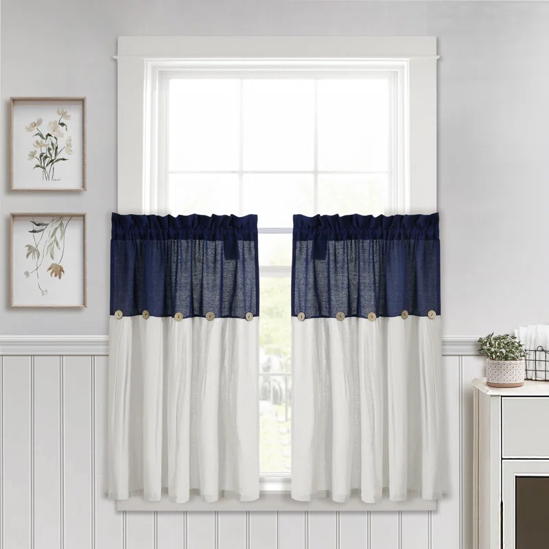 Lush Decor Linen Button Cotton Blend Tailored 29'' W Cafe Curtain (Set of 2)
