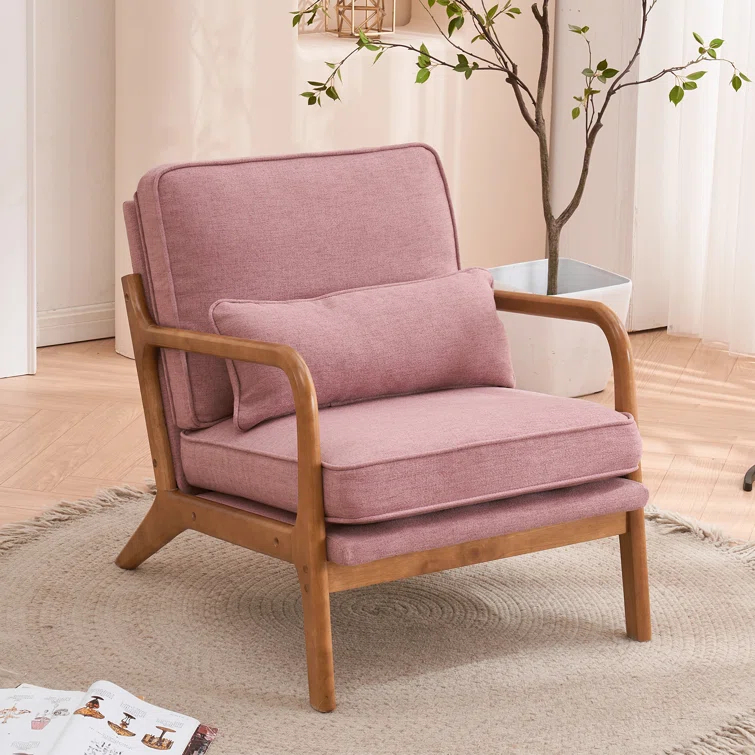 George Oliver Lemley Mid Century Solid Wood Accent Chair Upholstered Armchair with an Extra Pillow