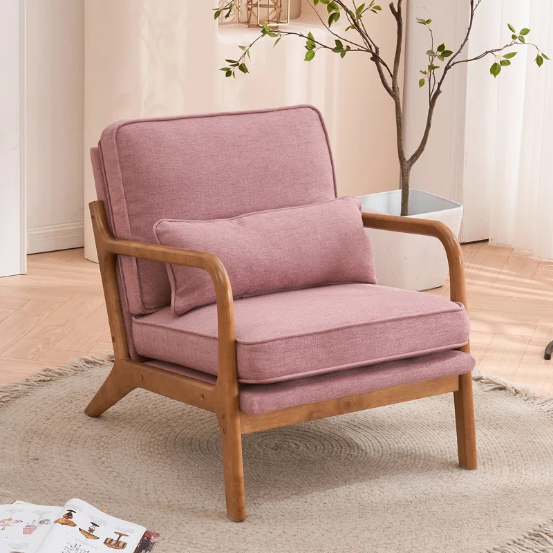 George Oliver Lemley Mid Century Solid Wood Accent Chair Upholstered Armchair with an Extra Pillow