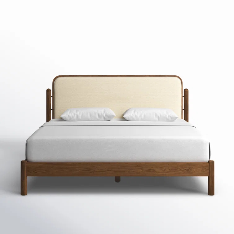 King Oak Upholstered Bed with Ivory Headboard and Drawer