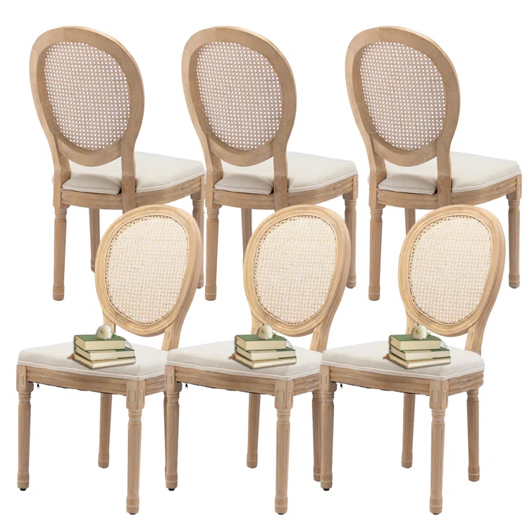 One Allium Way® French Style Rattan Back Solid Wood Upholstered Dining Chairs(Set of 6)
