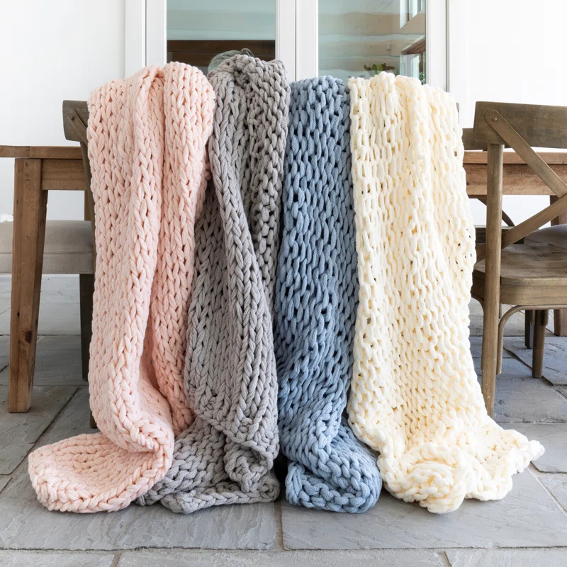 Light Blue Chunky Knit Throw Blanket, One Size, by Noble Linens