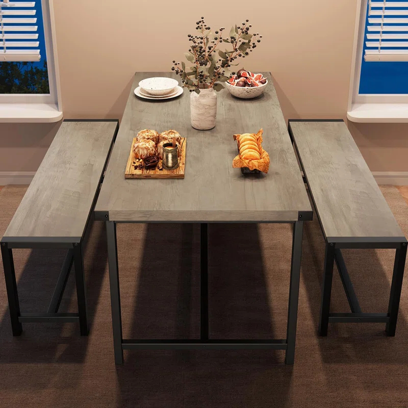Dining Table Set For 4, Kitchen Table With 2 Metal Wood Benches