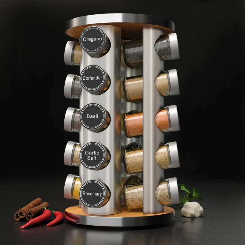 New England Stories Revolving Spice Rack Set with 20 Spice Jars - Kitchen Spice Tower Organizer for Countertop or Cabinet, Includes 386 Spice Labels, Rotating Desktop Seasoning Organizer