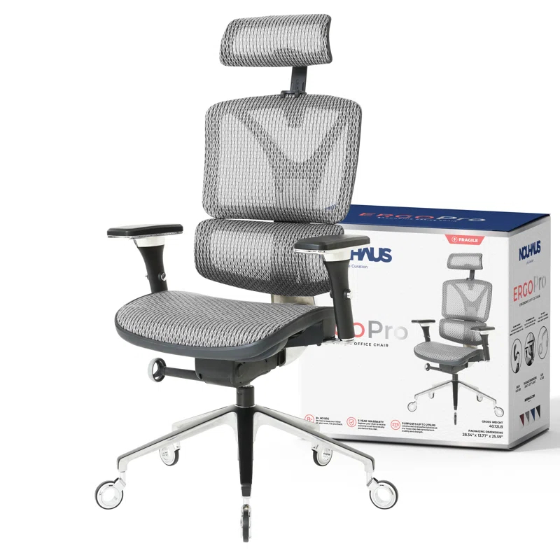 Nouhaus Inc Nouhaus Ergonomic Office Chair Lumbar Support Aluminum Alloy Backrest, Big and Tall Mesh Computer Desk Chair with Adjustable Headrest, 4D Armrest and Premium Wheels