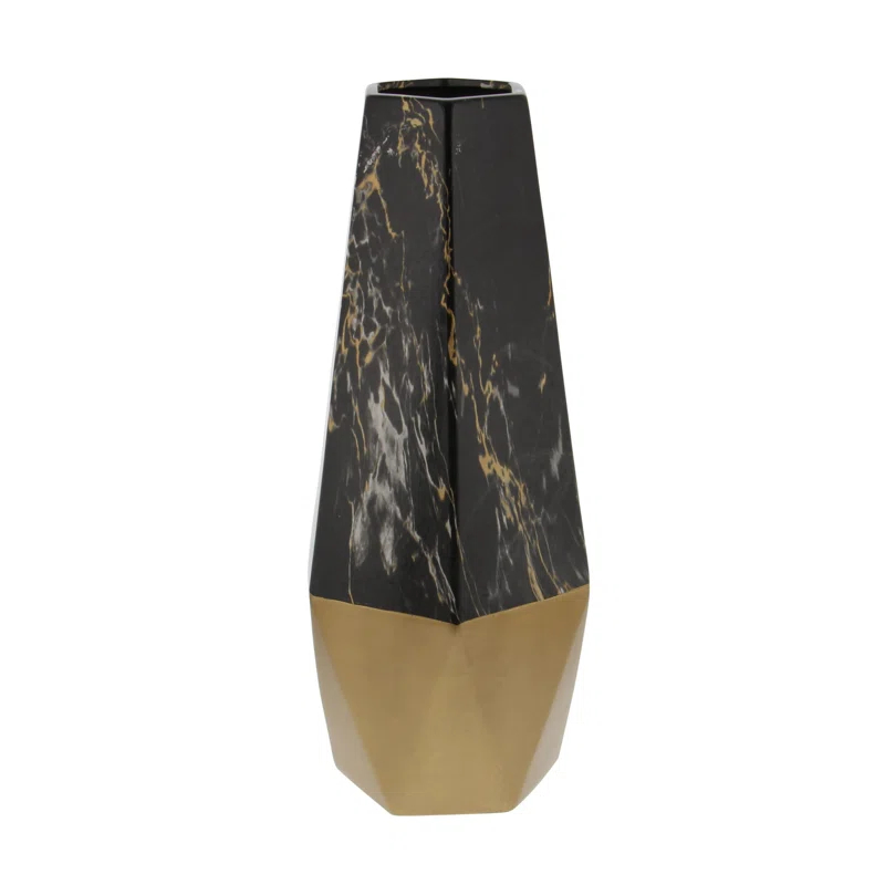 Mercer41 Bhavya Ceramic Faux Marble Decorative Dark Gray Vase with Gold Base