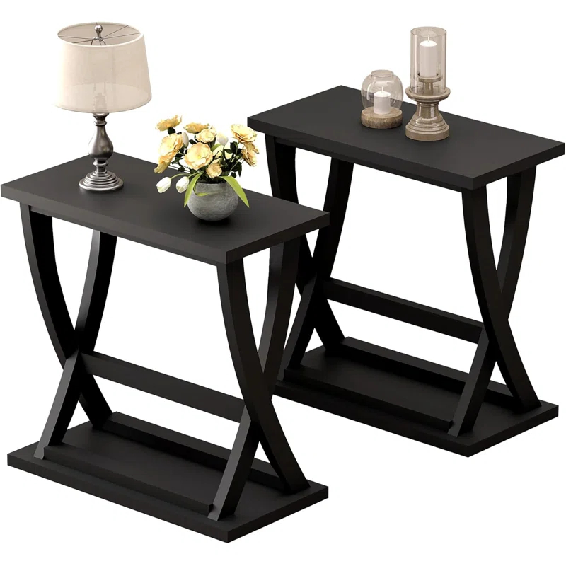End Table Set Of 2, Narrow Side Table With Storage Shelf, Modern X-Design Slim End Table For Living Room, Bedroom, Small Space, 11.8" D*23.6" W*23.4" D