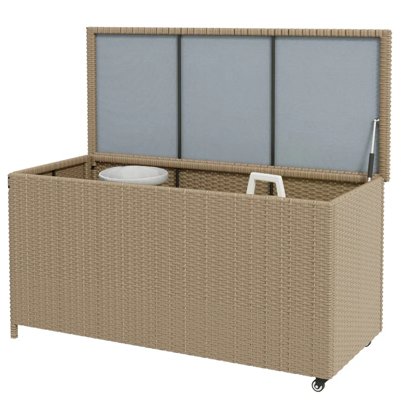 Tryimagine Outsunny 83 Gallon Deck Box, Large Outdoor Storage Chest, PE Wicker Trunk For Outside On Wheels For Garden Tools, Pool Toys & Patio Furniture Cushions