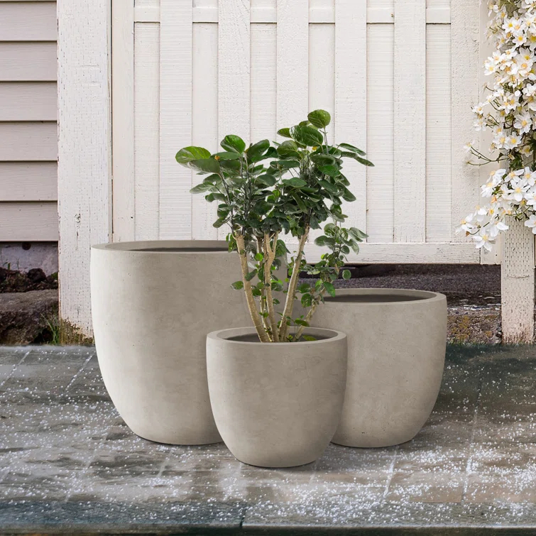 Kante Kante 3 Piece 18", 14", and 10"W Round Planters, Outdoor Indoor Modern Planter Pots, Lightweight, Weather Resistant, Seamless with Drainage Hole Set