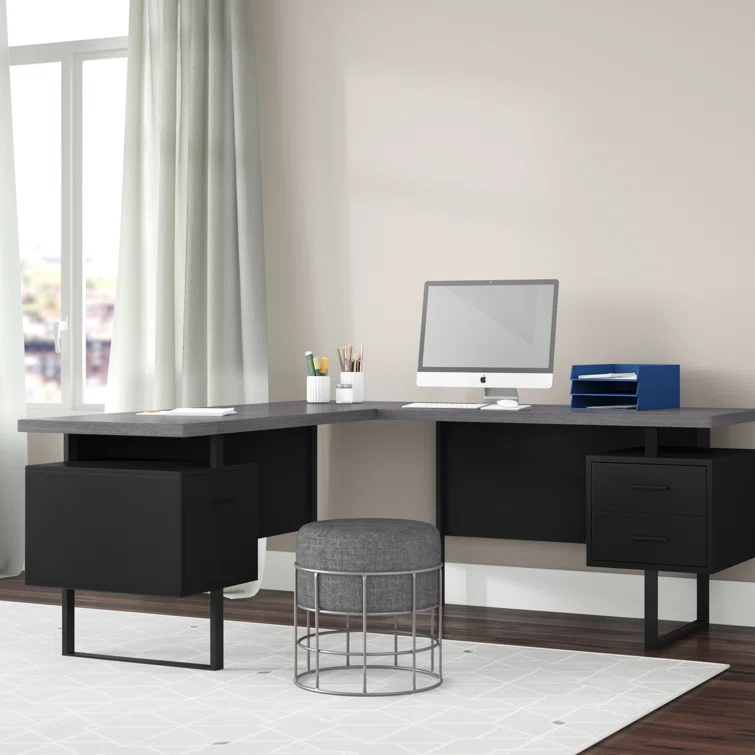 Ivy Bronx Computer Desk, Home Office, Corner, Storage Drawers, 70"L, L Shape, Work, Laptop, Metal, Black