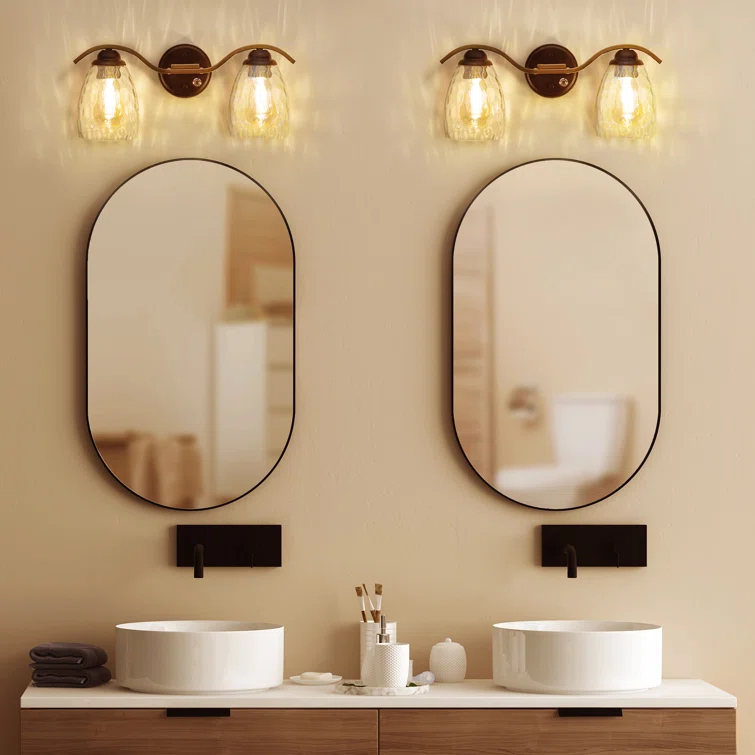 Mercer41 2-Light Modern Bathroom Vanity Wall Sconce with Hammered Glass Shades and 3-Stage Touch Dimmer