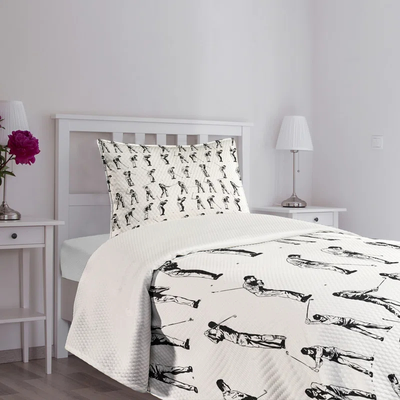 Ambesonne Golf Bedspread Set Golf Swing Hobby Play Black White