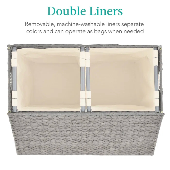 Bayou Breeze Large Water Hyacinth Double Laundry Hamper Basket w/ 2 Liner Bags, Handles