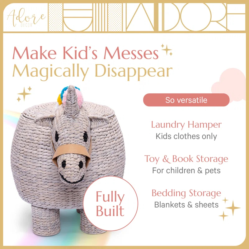 Adore Decor Unicorn Laundry Hamper, Child & Pet Safe Toy Basket or Baby Shower Gift, Light Gray