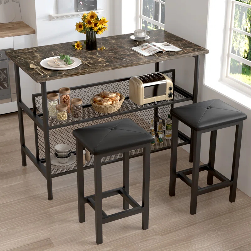 Ebern Designs Helidon 3 - Piece Trestle Dining Set w/2 Stools and 2 Open Shelves,Bar Height Table and Chairs