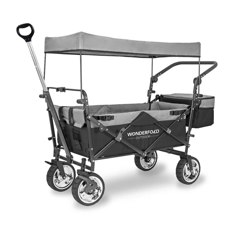 WonderFold Outdoor Wonderfold S4 Push & Pull Folding Wagon With Canopy & Brakes - Black