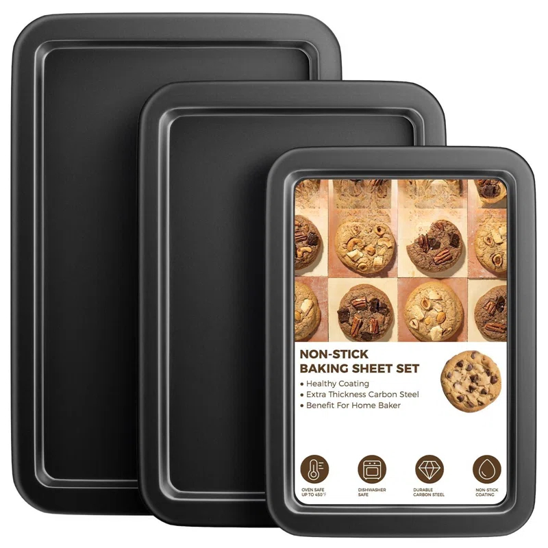 APPENIN WINTER PARK CORP Baking Sheet Pan Set, Cookie Sheet For Oven, Nonstick Bakeware Sets With Wider Grips, 3 Pack Half/Jelly Roll/Quarter Baking Tray, Premium, Dishwasher Safe - Dark Grey