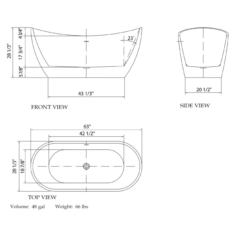 DreamLine BTNL2863XC01 Nile 63 in. L x 28-3/8 in. W x 28-3/8 in. H Freestanding Acrylic Bathtub
