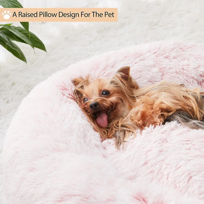 Calming Dog Bed Cat Bed Donut, Faux Fur Pet Bed Self-Warming Donut Cuddler, Comfortable Round Plush Dog Beds (20 X 20 X 8 Inch, Light Pink)