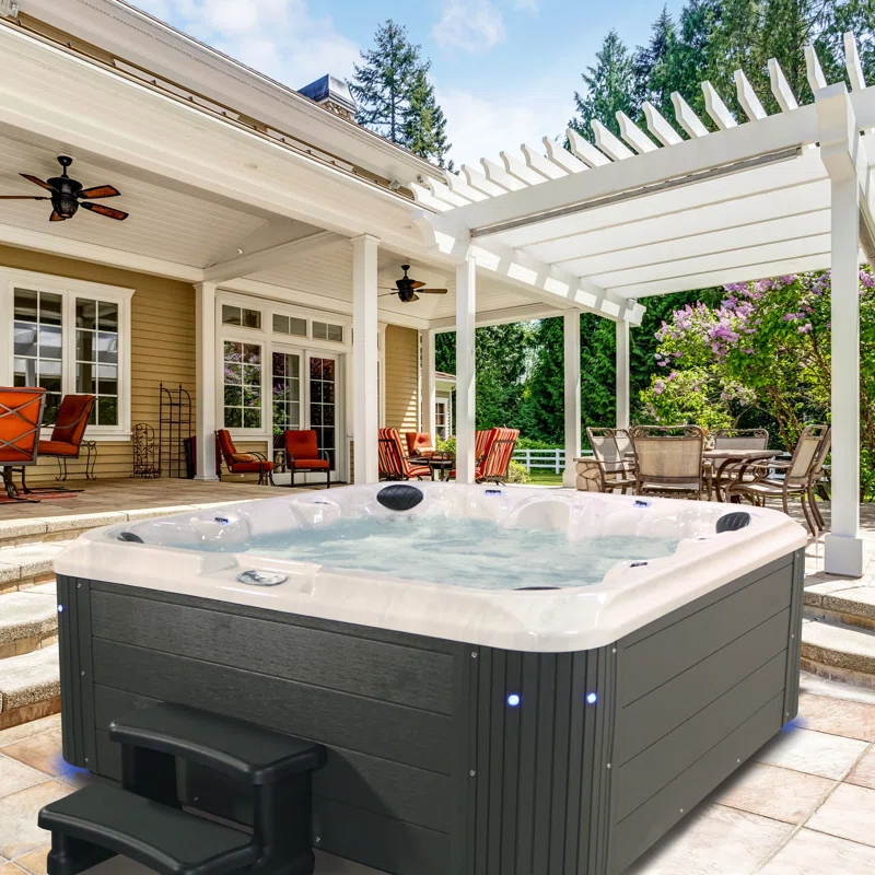 Grand Banks 6-Person 81-Jet Non-Lounger Hot Tub Spa with 3 Pumps, LED Lighting, Stainless Steel Heater and Ozonator, Insulated Cover Included and Steps Included